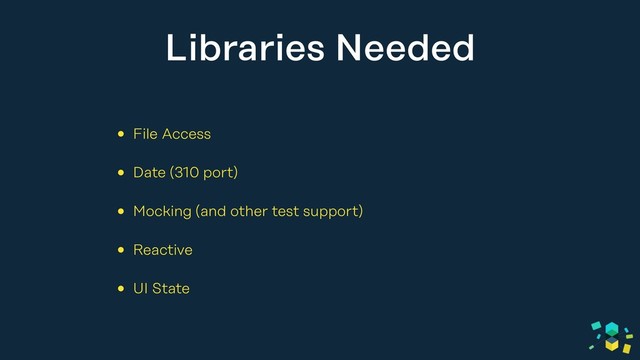 Libraries Needed
• File Access
• Date (310 port)
• Mocking (and other test support)
• Reactive
• UI State
