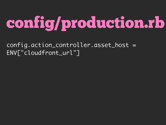 config/production.rb
config.action_controller.asset_host =
ENV["cloudfront_url"]
