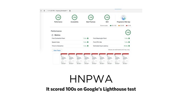 HNPWA
It scored 100s on Google’s Lighthouse test

