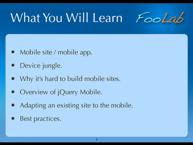 FooLab
What You Will Learn
• Mobile site / mobile app.
• Device jungle.
• Why it’s hard to build mobile sites.
• Overview of jQuery Mobile.
• Adapting an existing site to the mobile.
• Best practices.
3
