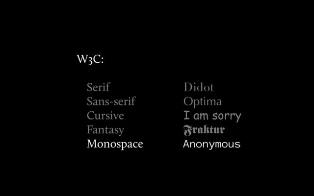 Didot
Optima
I am sorry
Fraktur
Anonymous
W3C:
Serif
Sans-serif
Cursive
Fantasy
Monospace
