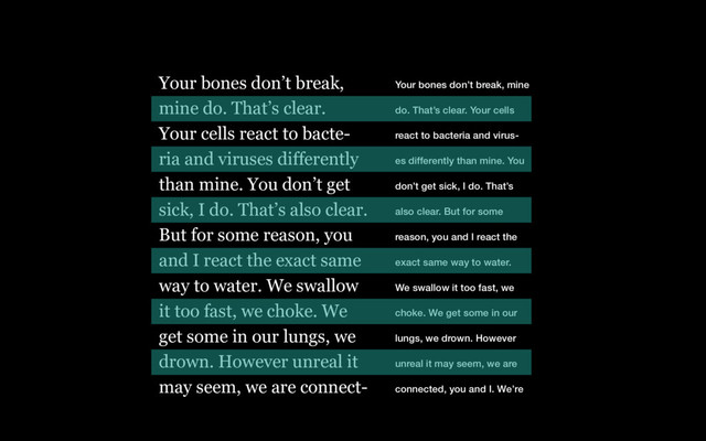 Your bones don’t break, mine
do. That’s clear. Your cells
react to bacteria and virus-
es differently than mine. You
don’t get sick, I do. That’s
also clear. But for some
reason, you and I react the
exact same way to water.
We swallow it too fast, we
choke. We get some in our
lungs, we drown. However
unreal it may seem, we are
connected, you and I. We’re
Your bones don’t break,
mine do. That’s clear.
Your cells react to bacte-
ria and viruses differently
than mine. You don’t get
sick, I do. That’s also clear.
But for some reason, you
and I react the exact same
way to water. We swallow
it too fast, we choke. We
get some in our lungs, we
drown. However unreal it
may seem, we are connect-

