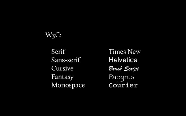 Times New
Helvetica
Brush Script
Papyrus
Courier
W3C:
Serif
Sans-serif
Cursive
Fantasy
Monospace
