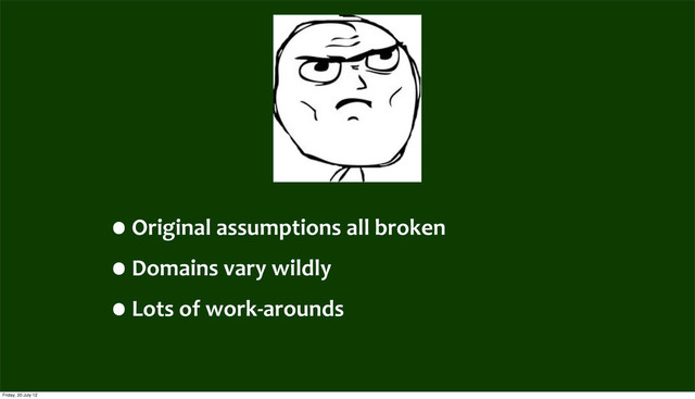 •Original	  assumptions	  all	  broken
•Domains	  vary	  wildly
•Lots	  of	  work-­‐arounds
Friday, 20 July 12
