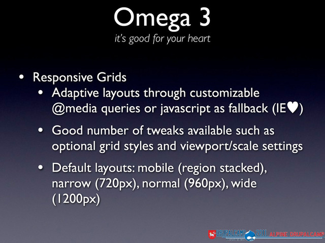 • Responsive Grids
• Adaptive layouts through customizable
@media queries or javascript as fallback (IE—)
• Good number of tweaks available such as
optional grid styles and viewport/scale settings
• Default layouts: mobile (region stacked),
narrow (720px), normal (960px), wide
(1200px)
Omega 3
it’s good for your heart
