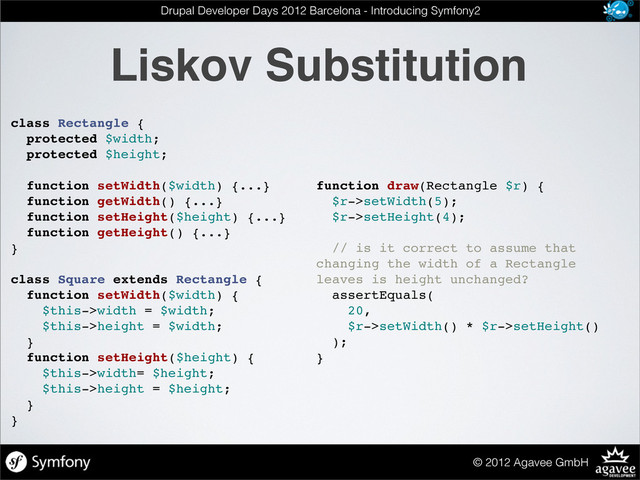 Liskov Substitution
© 2012 Agavee GmbH
Drupal Developer Days 2012 Barcelona - Introducing Symfony2
class Rectangle {
protected $width;
protected $height;
function setWidth($width) {...}
function getWidth() {...}
function setHeight($height) {...}
function getHeight() {...}
}
class Square extends Rectangle {
function setWidth($width) {
$this->width = $width;
$this->height = $width;
}
function setHeight($height) {
$this->width= $height;
$this->height = $height;
}
}
function draw(Rectangle $r) {
$r->setWidth(5);
$r->setHeight(4);
// is it correct to assume that
changing the width of a Rectangle
leaves is height unchanged?
assertEquals(
20,
$r->setWidth() * $r->setHeight()
);
}
