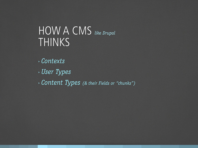 HOW A CMS like Drupal
THINKS
‣
Contexts
‣
User Types
‣
Content Types (& their Fields or “chunks”)
