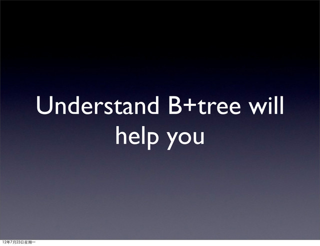 Understand B+tree will
help you
12年7月23日星期⼀一
