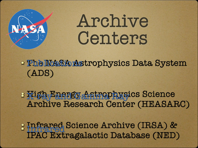 The NASA Astrophysics Data System
(ADS)
High Energy Astrophysics Science
Archive Research Center (HEASARC)
Infrared Science Archive (IRSA) &
IPAC Extragalactic Database (NED)
Archive
Centers
Publications
X-ray and Gamma Ray
Infrared
