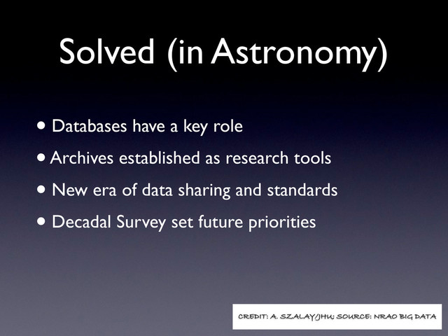 Solved (in Astronomy)
• Databases have a key role
• Archives established as research tools
• New era of data sharing and standards
• Decadal Survey set future priorities
CREDIT: A. SZALAY/JHU; SOURCE: NRAO BIG DATA
