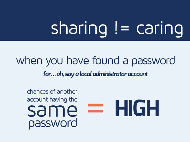 sharing != caring
when you have found a password
for… oh, say a local administrator account
chances of another
account having the
same
password
= HIGH
