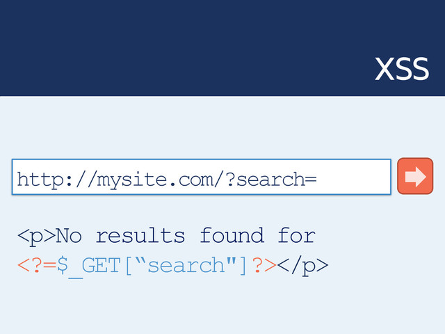 xss
<p>No results found for
=$_GET[“search"]?></p>
http://mysite.com/?search=
