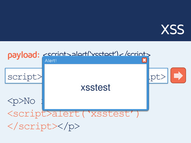 xss
<p>No results found for
alert(‘xsstest’)
</p>
script>alert(‘xsstest’)
payload: alert(‘xsstest’)
xsstest
Alert!
