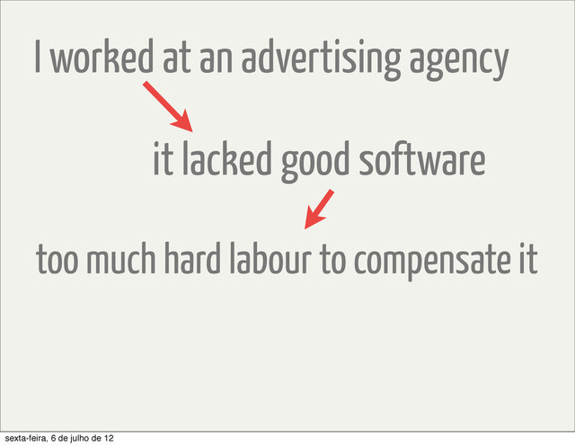 I worked at an advertising agency
it lacked good software
too much hard labour to compensate it
sexta-feira, 6 de julho de 12
