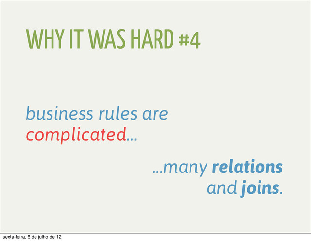 WHY IT WAS HARD #4
business rules are
complicated...
…many relations
and joins.
sexta-feira, 6 de julho de 12
