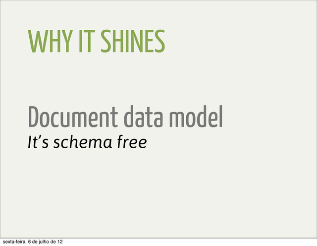 WHY IT SHINES
Document data model
It’s schema free
sexta-feira, 6 de julho de 12
