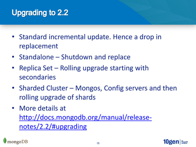 15
• Standard incremental update. Hence a drop in
replacement
• Standalone – Shutdown and replace
• Replica Set – Rolling upgrade starting with
secondaries
• Sharded Cluster – Mongos, Config servers and then
rolling upgrade of shards
• More details at
http://docs.mongodb.org/manual/release-
notes/2.2/#upgrading

