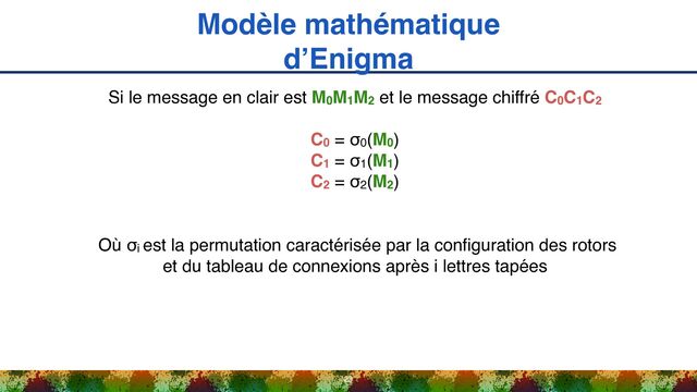 Modèle mathématique
d’Enigma
23
Si le message en clair est M0M1M2 et le message chiffré C0C1C2 
 
C0 = σ0(M0) 
C1 = σ1(M1) 
C2 = σ2(M2) 
Où σi est la permutation caractérisée par la con
fi
guration des rotors
et du tableau de connexions après i lettres tapées
