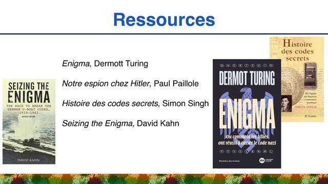 Ressources
70
Enigma, Dermott Turing
Notre espion chez Hitler, Paul Paillole
Histoire des codes secrets, Simon Singh
Seizing the Enigma, David Kahn
