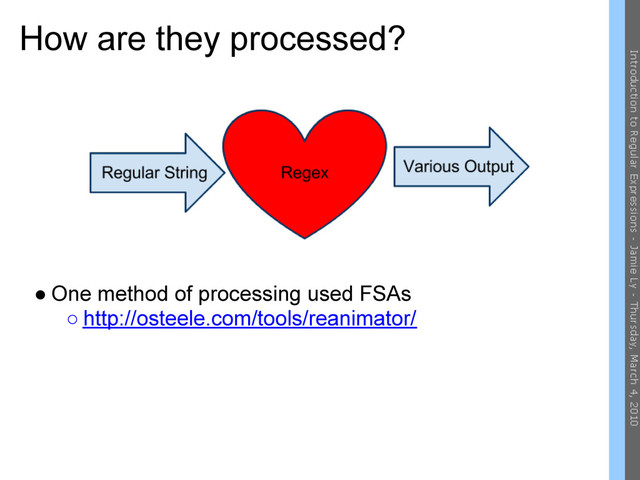 How are they processed?
● One method of processing used FSAs
○ http://osteele.com/tools/reanimator/
