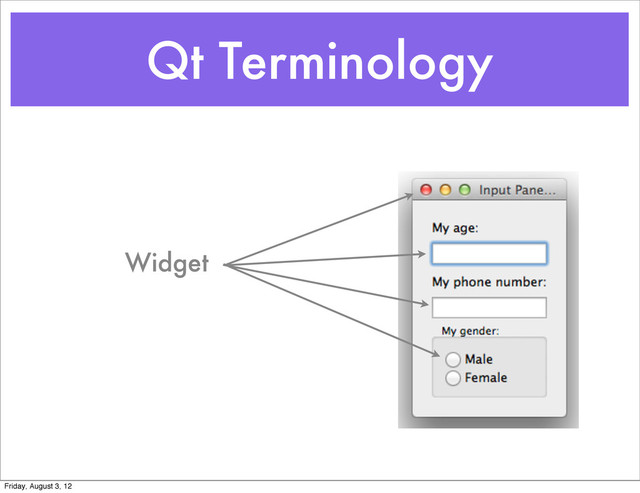 Qt Terminology
Widget
Friday, August 3, 12
