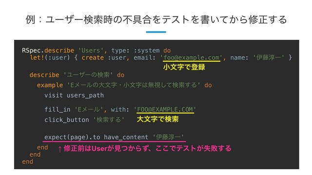 !39
ྫɿϢʔβʔݕࡧ࣌ͷෆ۩߹ΛςετΛॻ͍͔ͯΒमਖ਼͢Δ
RSpec.describe 'Users', type: :system do
let!(:user) { create :user, email: 'foo@example.com', name: 'ҏ౻३Ұ' }
describe 'Ϣʔβʔͷݕࡧ' do
example 'Eϝʔϧͷେจࣈɾখจࣈ͸ແࢹͯ͠ݕࡧ͢Δ' do
visit users_path
fill_in 'Eϝʔϧ', with: 'FOO@EXAMPLE.COM'
click_button 'ݕࡧ͢Δ'
expect(page).to have_content 'ҏ౻३Ұ'
end
end
end
↑ मਖ਼લ͸User͕ݟ͔ͭΒͣɺ͜͜Ͱςετ͕ࣦഊ͢Δ
খจࣈͰొ࿥
େจࣈͰݕࡧ
