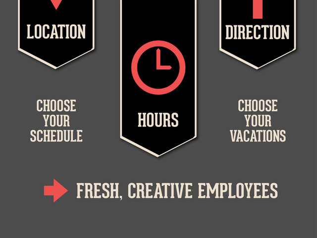 LOCATION

HOURS
 DIRECTION

CHOOSE
YOUR
SCHEDULE
CHOOSE
YOUR
VACATIONS
FRESH, CREATIVE EMPLOYEES

