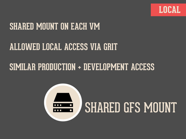 LOCAL
SHARED GFS MOUNT
SHARED MOUNT ON EACH VM
SIMILAR PRODUCTION + DEVELOPMENT ACCESS
ALLOWED LOCAL ACCESS VIA GRIT
