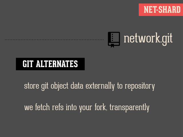 NET-SHARD
network.git
GIT ALTERNATES
store git object data externally to repository
we fetch refs into your fork, transparently
