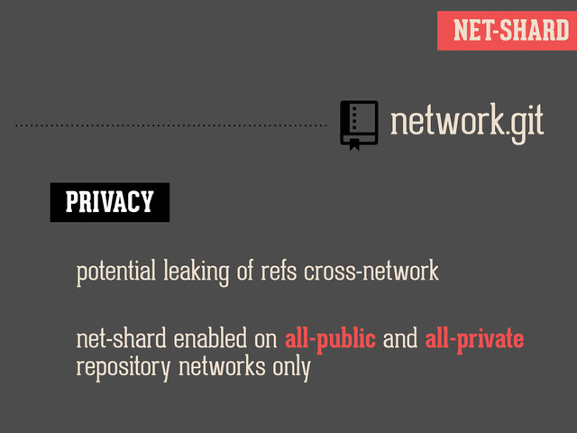 NET-SHARD
network.git
PRIVACY
potential leaking of refs cross-network
net-shard enabled on all-public and all-private
repository networks only
