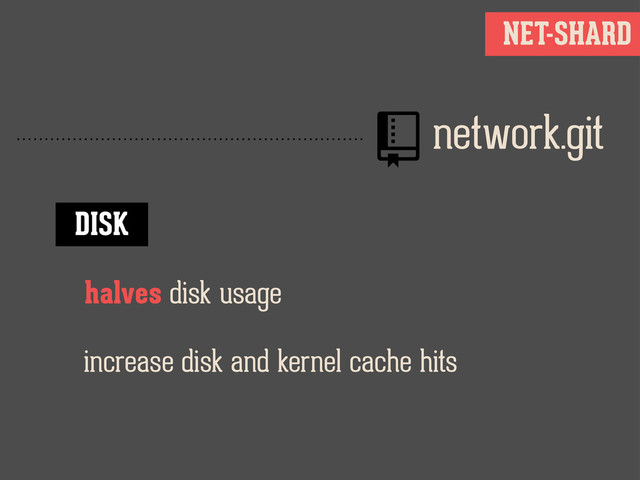 NET-SHARD
network.git
DISK
halves disk usage
increase disk and kernel cache hits
