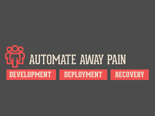 AUTOMATE AWAY PAIN
DEPLOYMENT RECOVERY
DEVELOPMENT
