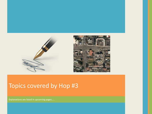 Explanations are listed in upcoming pages…..
Topics covered by Hop #3
