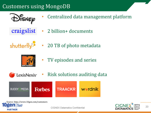 CIGNEX Datamatics Confidential
Customers	  using	  MongoDB	  
•  Centralized	  data	  management	  platform	  
•  2	  billion+	  documents	  
•  20	  TB	  of	  photo	  metadata	  	  
•  TV	  episodes	  and	  series	  
•  Risk	  solutions	  auditing	  data	  
Source:	  http://www.10gen.com/customers	  
20
