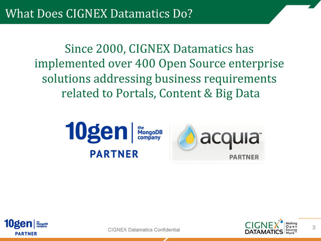 CIGNEX Datamatics Confidential
What	  Does	  CIGNEX	  Datamatics	  Do?	  
Since	  2000,	  CIGNEX	  Datamatics	  has	  
implemented	  over	  400	  Open	  Source	  enterprise	  
solutions	  addressing	  business	  requirements	  
related	  to	  Portals,	  Content	  &	  Big	  Data
	  
3
