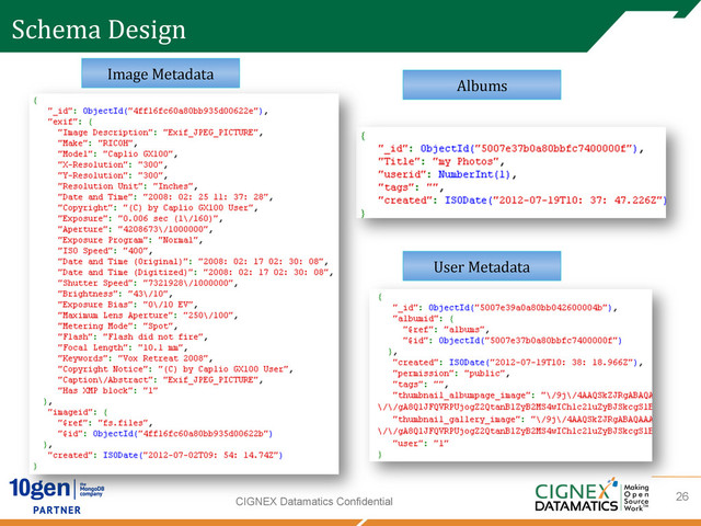 CIGNEX Datamatics Confidential
Schema	  Design	  
Image	  Metadata	  
Albums	  
User	  Metadata	  
26
