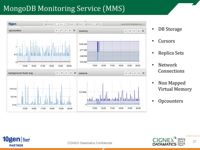 CIGNEX Datamatics Confidential
MongoDB	  Monitoring	  Service	  (MMS)	  	  
27
•  DB	  Storage	  	  
•  Cursors	  
•  Replica	  Sets	  
•  Network	  
Connections	  
•  Non	  Mapped	  
Virtual	  Memory	  
•  Opcounters	  
