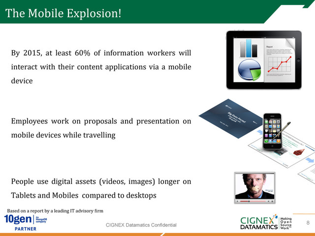 CIGNEX Datamatics Confidential
The	  Mobile	  Explosion!	  
By	   2015,	   at	   least	   60%	   of	   information	   workers	   will	  
interact	  with	  their	  content	  applications	  via	  a	  mobile	  
device	  
Employees	   work	   on	   proposals	   and	   presentation	   on	  
mobile	  devices	  while	  travelling	  
People	   use	   digital	   assets	   (videos,	   images)	   longer	   on	  
Tablets	  and	  Mobiles	  	  compared	  to	  desktops	  
8
Based	  on	  a	  report	  by	  a	  leading	  IT	  advisory	  [irm	  
