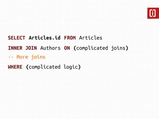SELECT Articles.id FROM Articles
INNER JOIN Authors ON (complicated joins)
-- More joins
WHERE (complicated logic)
