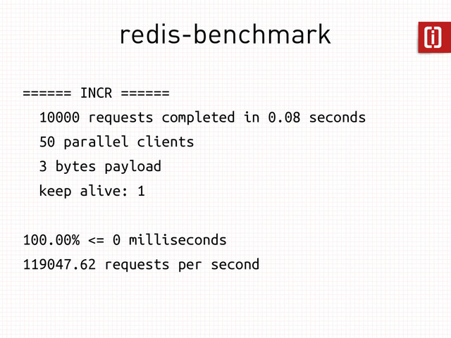 redis-benchmark
====== INCR ======
10000 requests completed in 0.08 seconds
50 parallel clients
3 bytes payload
keep alive: 1
100.00% <= 0 milliseconds
119047.62 requests per second
