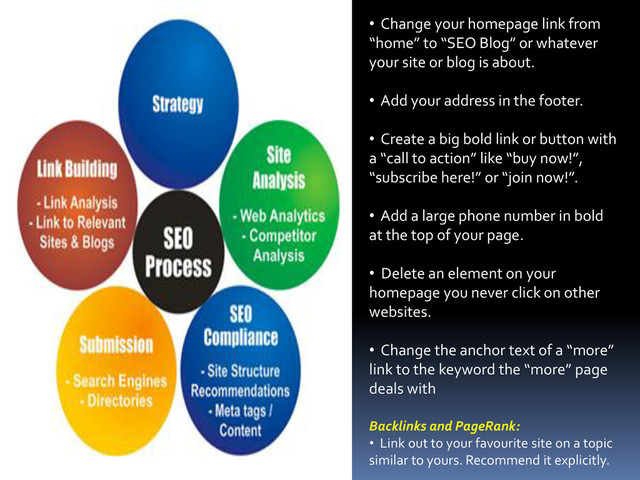 • Change your homepage link from
“home” to “SEO Blog” or whatever
your site or blog is about.
• Add your address in the footer.
• Create a big bold link or button with
a “call to action” like “buy now!”,
“subscribe here!” or “join now!”.
• Add a large phone number in bold
at the top of your page.
• Delete an element on your
homepage you never click on other
websites.
• Change the anchor text of a “more”
link to the keyword the “more” page
deals with
Backlinks and PageRank:
• Link out to your favourite site on a topic
similar to yours. Recommend it explicitly.
