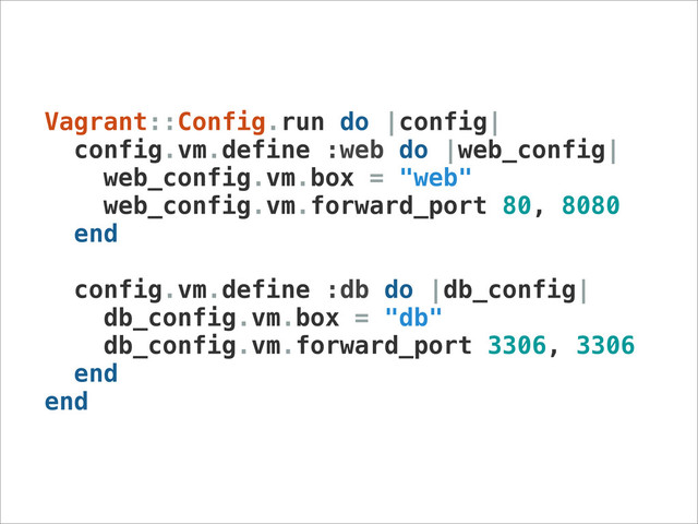 Vagrant::Config.run do |config|
config.vm.define :web do |web_config|
web_config.vm.box = "web"
web_config.vm.forward_port 80, 8080
end
config.vm.define :db do |db_config|
db_config.vm.box = "db"
db_config.vm.forward_port 3306, 3306
end
end
