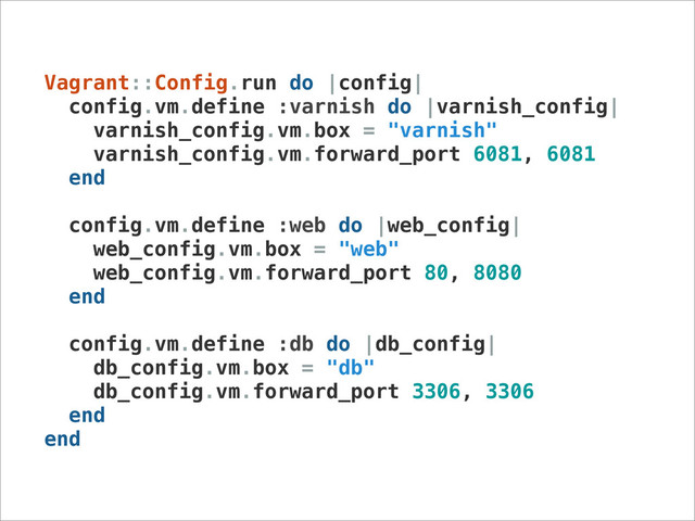 Vagrant::Config.run do |config|
config.vm.define :varnish do |varnish_config|
varnish_config.vm.box = "varnish"
varnish_config.vm.forward_port 6081, 6081
end
config.vm.define :web do |web_config|
web_config.vm.box = "web"
web_config.vm.forward_port 80, 8080
end
config.vm.define :db do |db_config|
db_config.vm.box = "db"
db_config.vm.forward_port 3306, 3306
end
end
