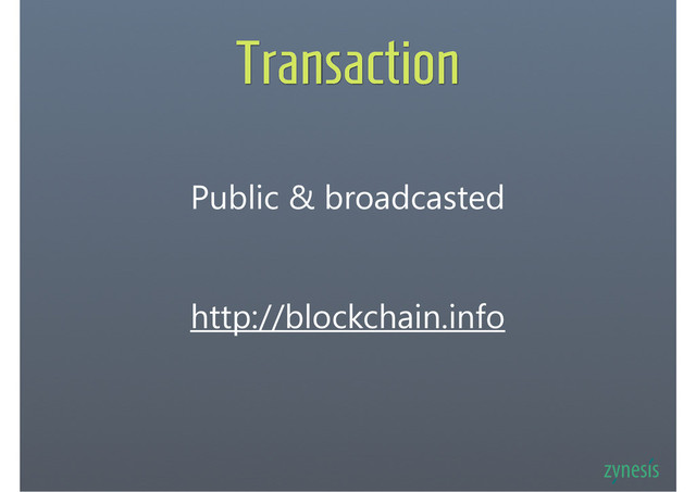 Transaction
Public & broadcasted
http://blockchain.info

