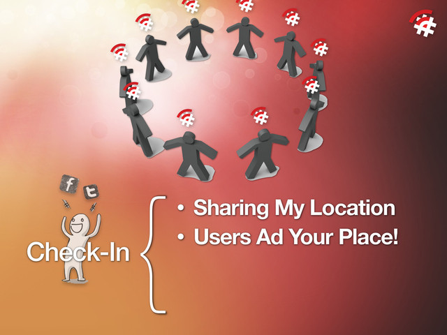 {• Sharing My Location
• Users Ad Your Place!
Check-In
