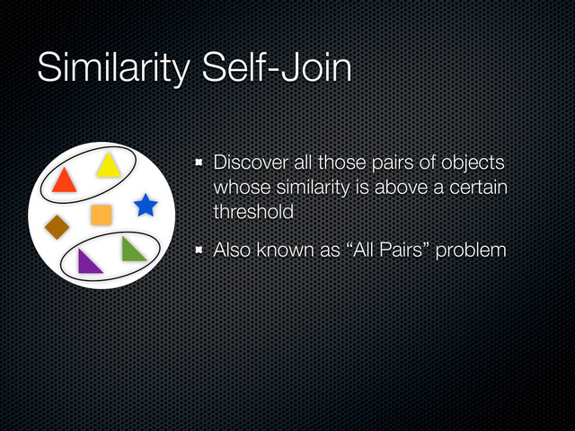 Similarity Self-Join
Discover all those pairs of objects
whose similarity is above a certain
threshold
Also known as “All Pairs” problem

