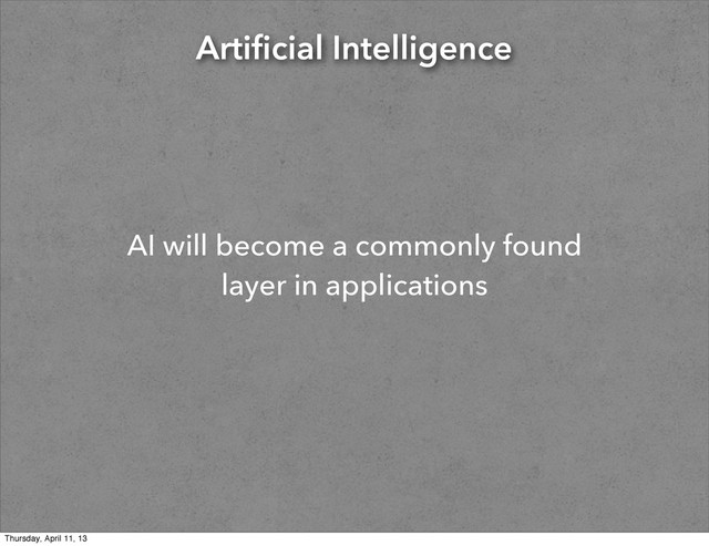 Artificial Intelligence
AI will become a commonly found
layer in applications
Thursday, April 11, 13
