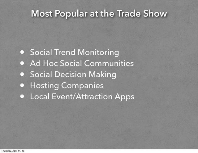 Most Popular at the Trade Show
• Social Trend Monitoring
• Ad Hoc Social Communities
• Social Decision Making
• Hosting Companies
• Local Event/Attraction Apps
Thursday, April 11, 13
