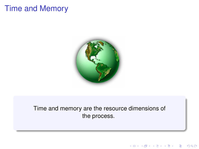 Time and Memory
Time and memory are the resource dimensions of
the process.
