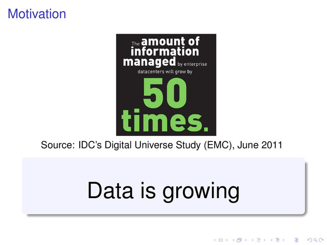 Motivation
Source: IDC’s Digital Universe Study (EMC), June 2011
Data is growing
